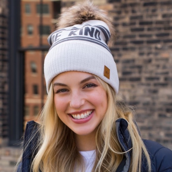 SOLD OUT Taupe Gray Knit Be Kind Faux Vegan Fur Pompom Winter Women's Beanie - Picture 2 of 4